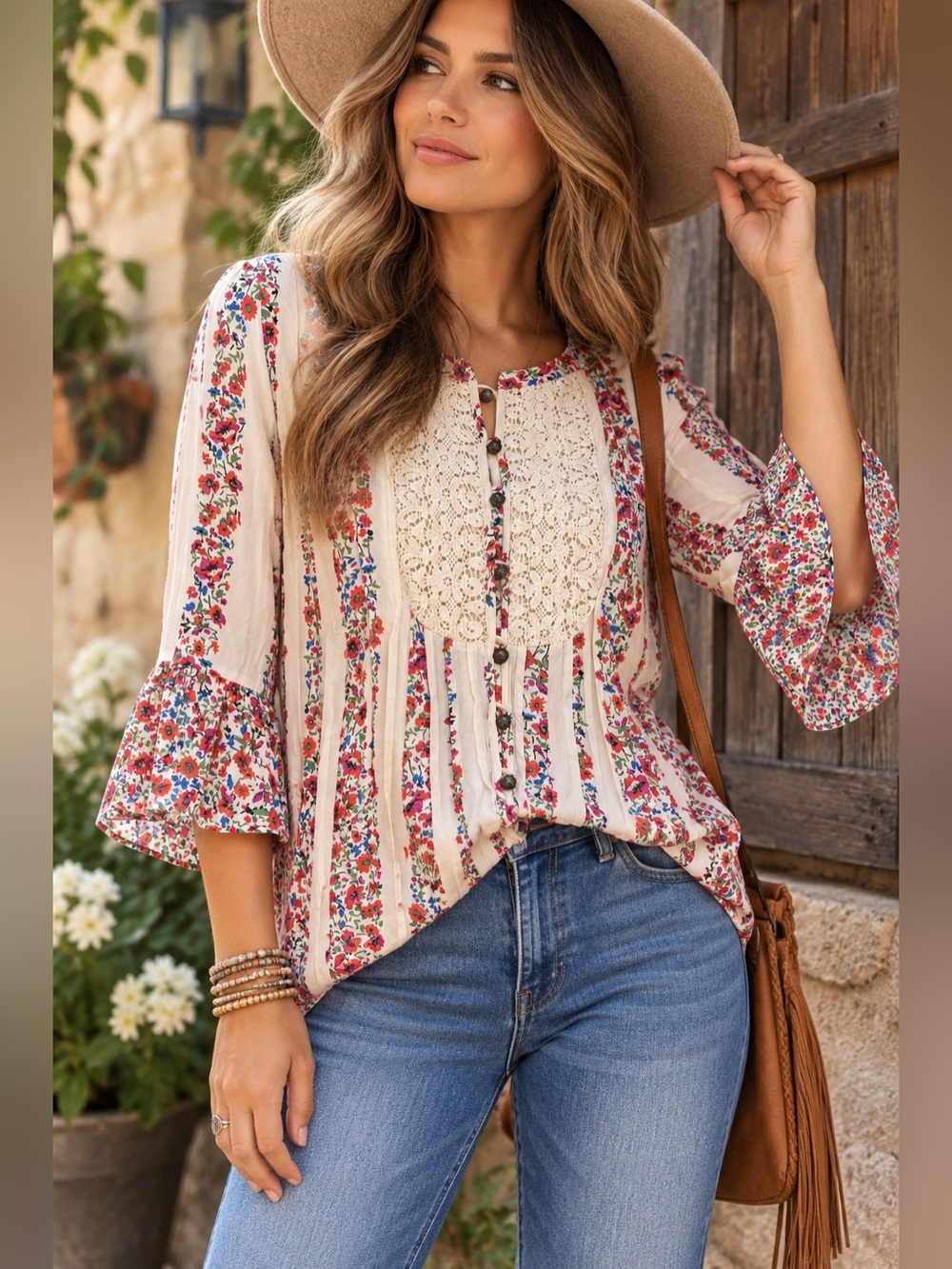 Maeve Floral Lace Crochet Boho Peasant Blouse Bell Sleeve Top Size 8